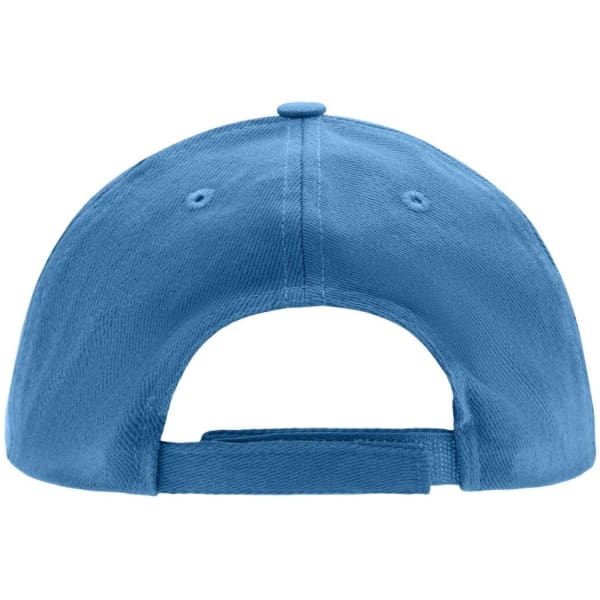 A blue kids' 5 panel cap featuring an adjustable back strap and a logo.