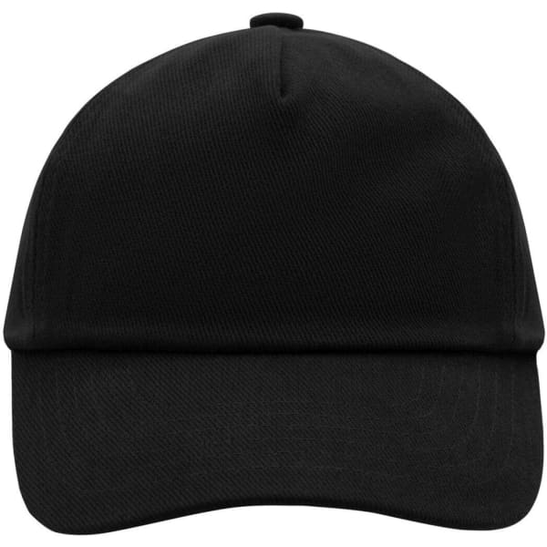A black five-panel cap featuring a rounded crown and a curved brim. The cap has a logo on the front.