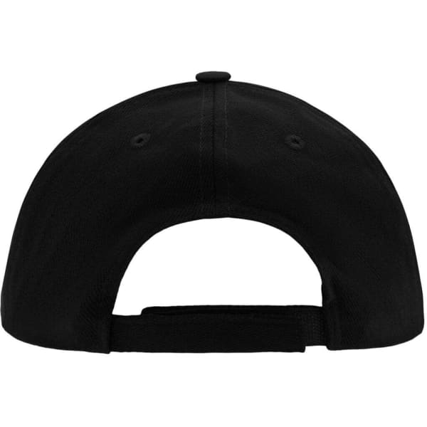 A black 5 panel cap featuring a strap at the back and ventilation holes. It has a logo on the side.