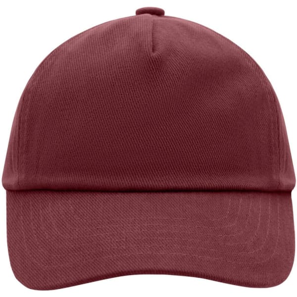 A maroon kids' 5 panel cap with a structured front and a curved brim, featuring a logo on the side.