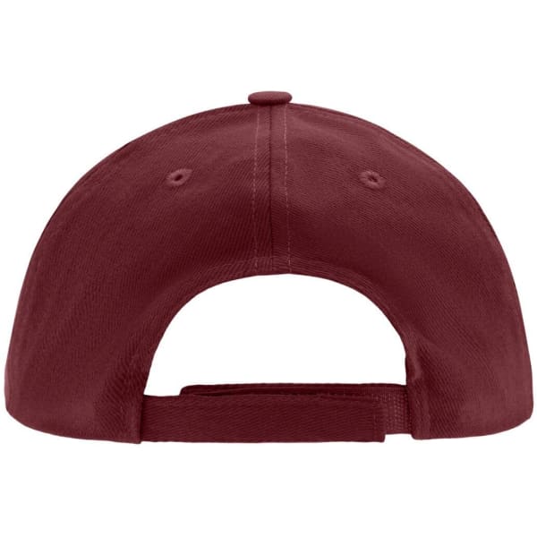 A maroon kids' five-panel cap featuring an adjustable strap and a curved brim, with a logo on the back.