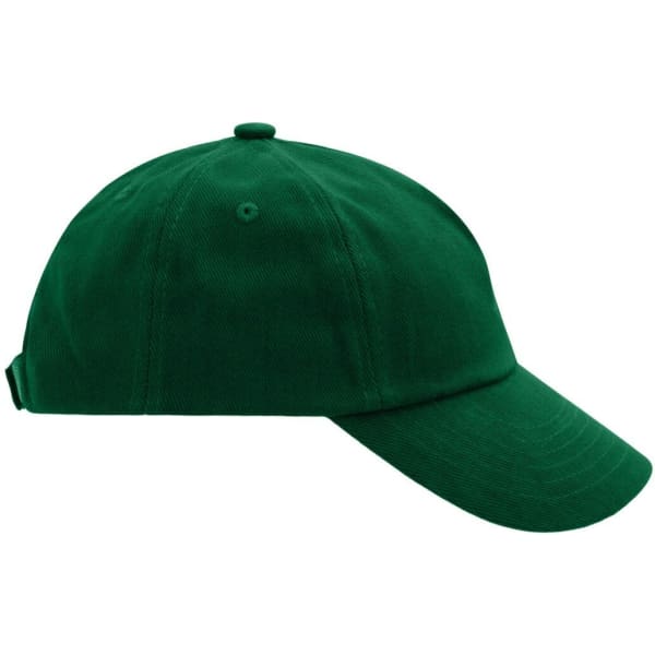 A green 5-panel cap featuring a curved brim and adjustable back strap. It has a logo on the side.