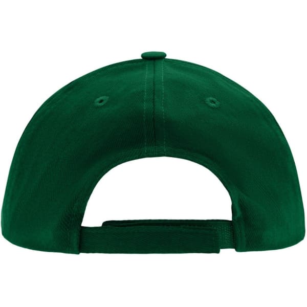 A green 5 panel cap featuring a back adjuster and a logo on the rear.
