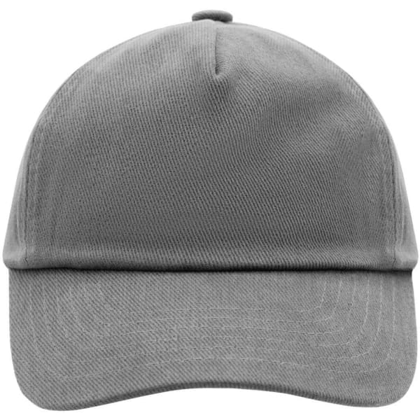A grey kids' five-panel cap with a curved brim and a logo on the front.