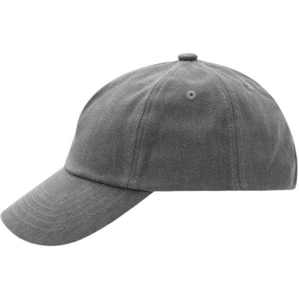 A grey five-panel cap featuring a curved brim and a logo on the side.