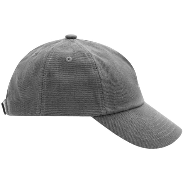 A grey kids' 5 panel cap featuring a curved brim and an adjustable strap at the back. It has a branding logo.