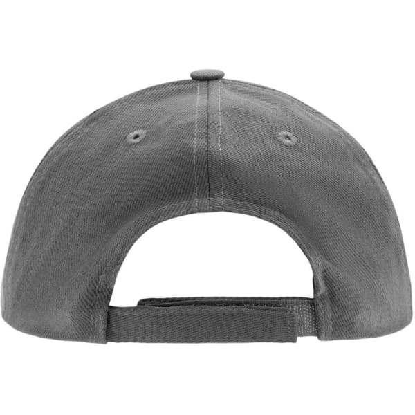 A grey kids' 5 panel cap featuring an adjustable strap and a button on top, with ventilation holes on the sides.