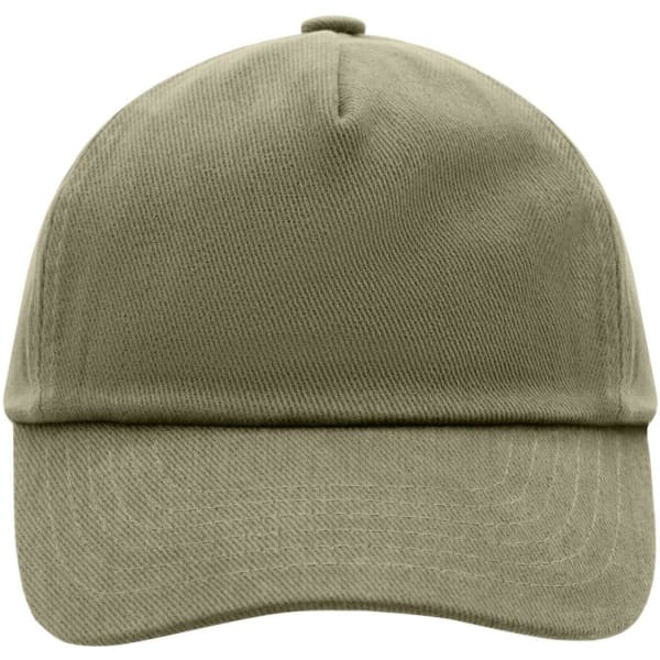 A kids' 5-panel cap in a muted olive green colour, featuring a logo on the front.