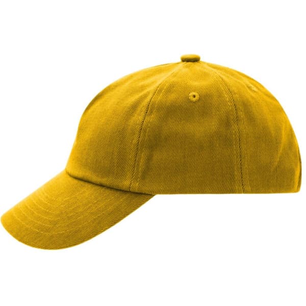 A yellow 5-panel cap with a curved brim and a top button, featuring a logo on the side.