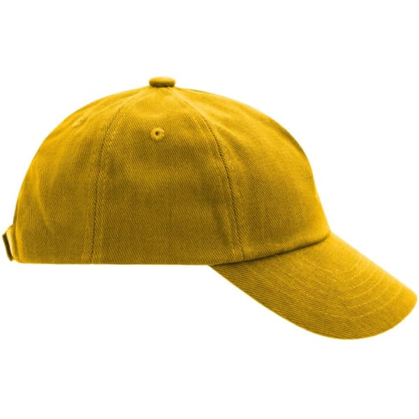 A yellow five-panel cap with a curved brim and an adjustable strap at the back, featuring a logo.