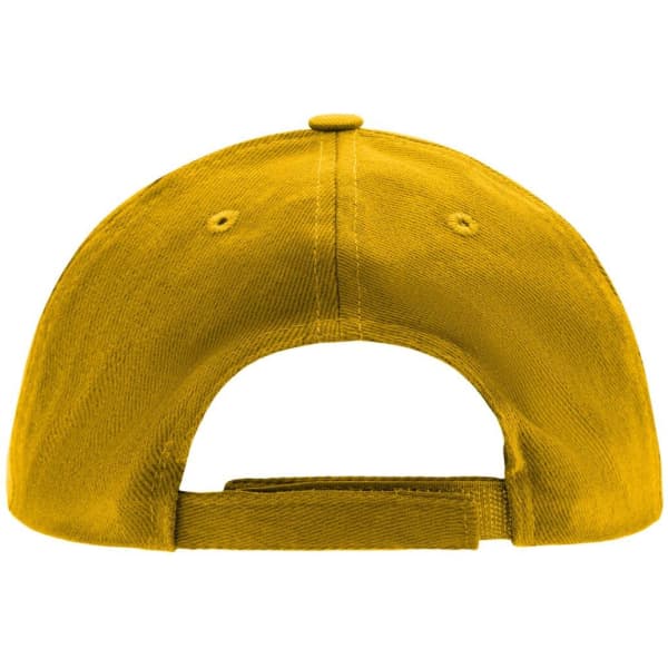 A yellow kids' 5 panel cap with a adjustable strap at the back and a logo on the side.