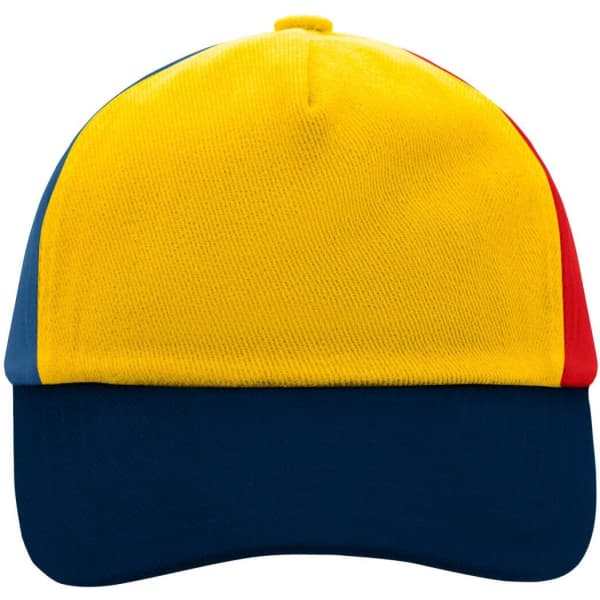 A kids' 5 panel cap featuring a yellow front, navy blue brim, and red and blue side panels. Includes a logo.