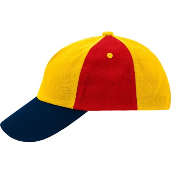 A kids' 5 panel cap featuring yellow, red, and navy colours, with a logo on the front.