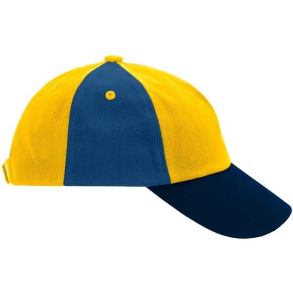 A kids' five-panel cap featuring a bright yellow and navy blue design, with a logo on the front.