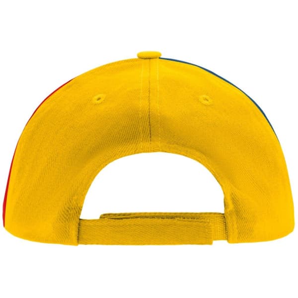 A yellow kids' cap with a colourful band at the back and an adjustable strap. It features an embroidered logo.