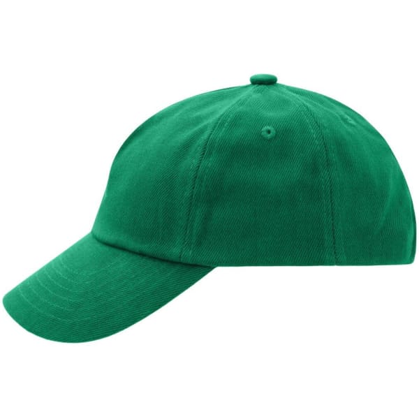 A green 5-panel cap featuring a curved brim and a logo.