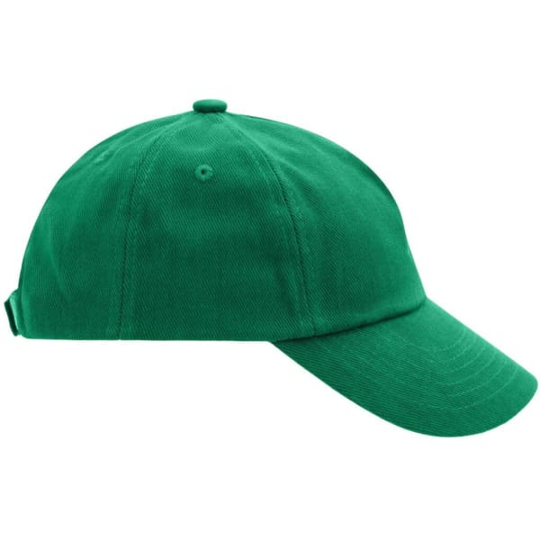 A green kids' 5 panel cap with a curved brim and an adjustable strap at the back. Features a logo.