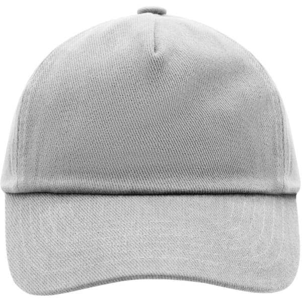A grey five-panel cap featuring a curved brim and a logo on the front.