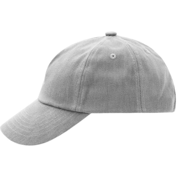 A grey kids' 5 panel cap with a curved brim and a logo on the side.