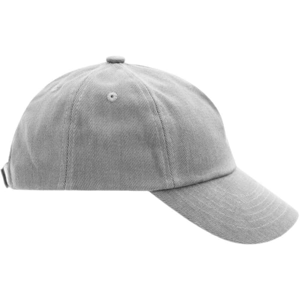 A grey kids' 5 panel cap with a curved brim and an adjustable strap at the back, featuring a logo.
