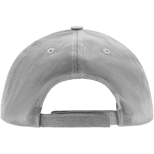 A grey kids' five panel cap featuring a back adjustment strap and ventilation holes. It has a logo on the side.