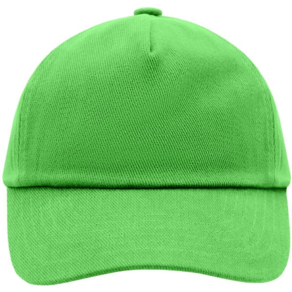 A bright green kids' 5-panel cap with a curved brim and a logo on the front.