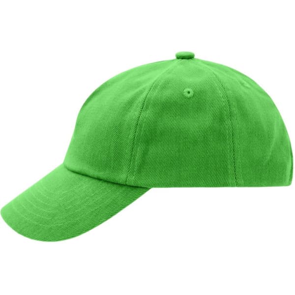 A vibrant green five-panel cap with a curved brim and an adjustable back. Includes a logo.