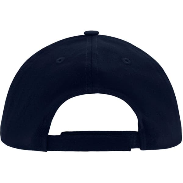 A dark navy blue kids' 5 panel cap with a rear adjustment strap and a logo on the back.