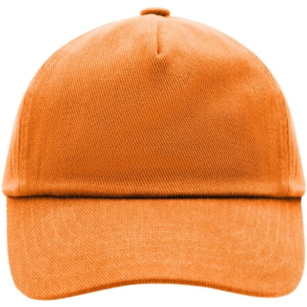 An orange 5-panel cap with a curved brim and a logo on the front.