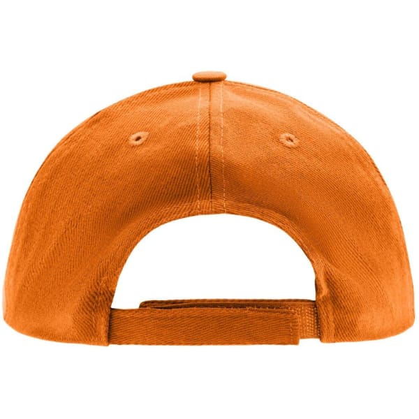 An orange 5 panel cap featuring a rear adjustable strap and ventilation holes. It has a logo on the side.