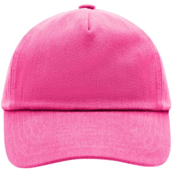 A pink 5 panel cap with a curved brim and a logo on the front. Ideal for kids’ headwear.