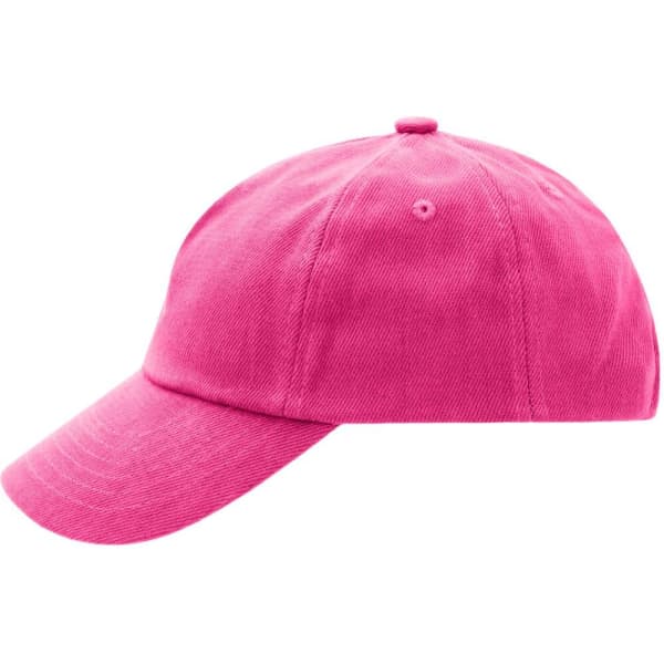 A pink five-panel cap featuring a curved brim and an adjustable strap. It has a logo on the front.
