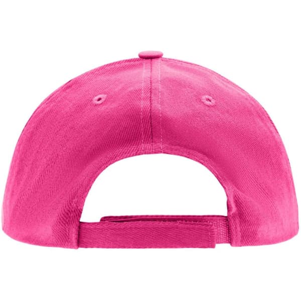 A pink kids' 5 panel cap featuring an adjustable strap and a plain back. It includes a logo.