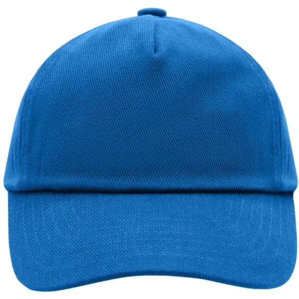 A blue 5-panel cap with a structured design and a logo on the front.