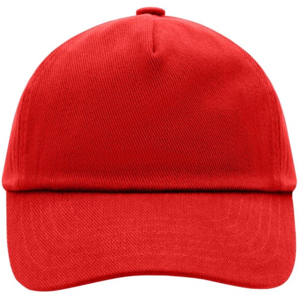 A red 5 panel cap with a curved brim and an interior logo detailing. Perfect for headwear.