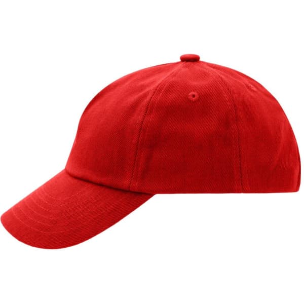 A red kids' five-panel cap featuring a curved brim and ventilation holes, with a logo on the side.
