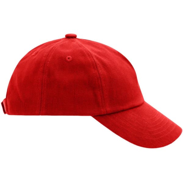 A red five-panel cap featuring a curved brim and an adjustable strap at the back. It has a logo on the side.