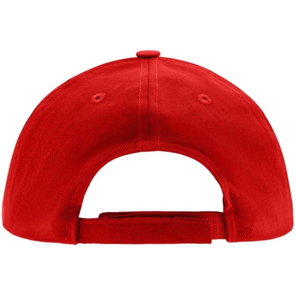 A red kids' 5 panel cap with an adjustable strap and a logo on the back.