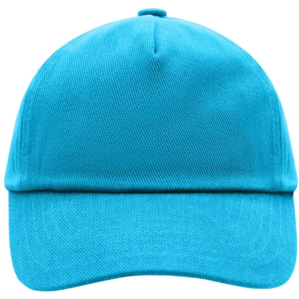 A blue five-panel cap featuring a structured design and a logo. Ideal for kids' headwear collections.