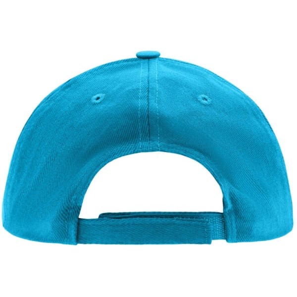 A bright turquoise kids' 5 panel cap with an adjustable strap and a rear button at the top.