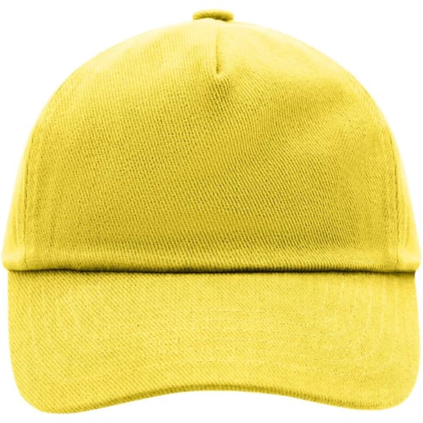 A bright yellow 5 panel cap with a rounded crown and a curved peak, featuring a logo on the front.
