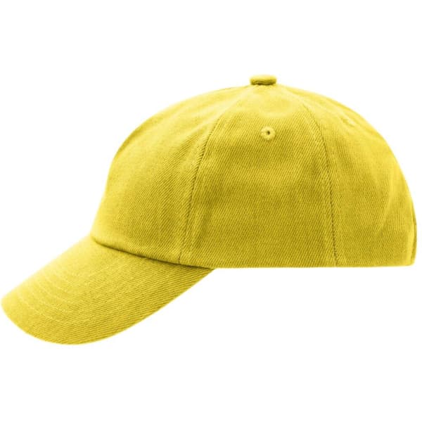 A yellow 5 panel cap with a curved brim, featuring a logo on the side. Ideal for casual wear.
