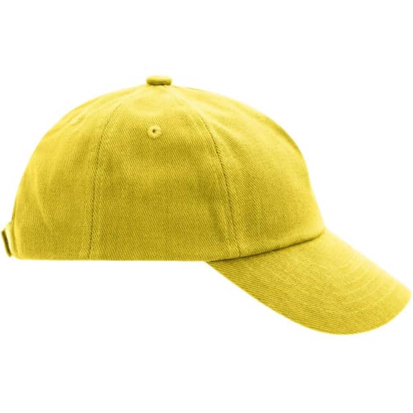 A yellow kids' 5-panel cap with a curved brim and an adjustable strap at the back. Features a branding logo.