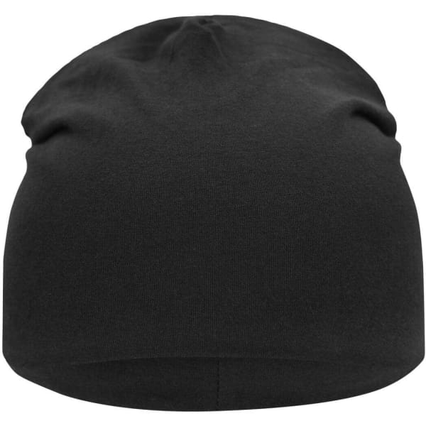 A black jersey beanie with a smooth, seamless design and a snug fit, featuring a logo.