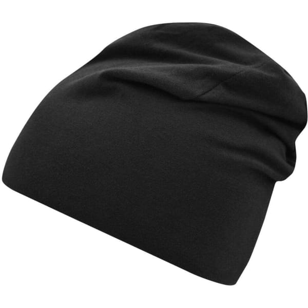 A black Jersey Beanie with a soft, slouchy design and an unstructured shape. It features a logo.