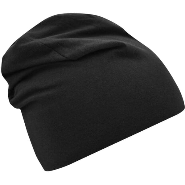 A black jersey beanie with a soft, slouchy design. Features a simple branding logo.