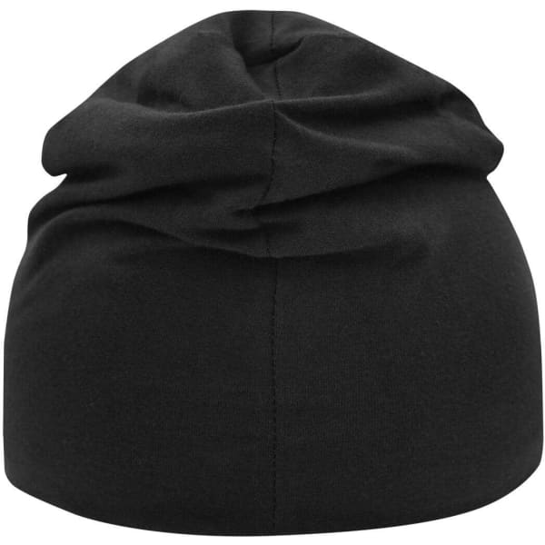 A black Jersey Beanie with a soft and relaxed fit, featuring a simple design and no visible branding.