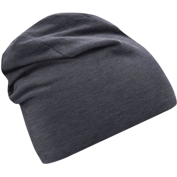 A grey jersey beanie with a slouchy design, featuring a logo on the side.