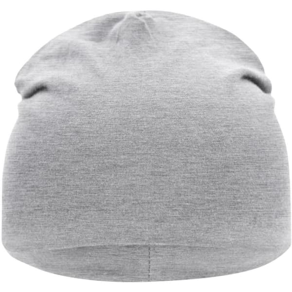 A grey jersey beanie with a simple, soft design and a small logo branding.