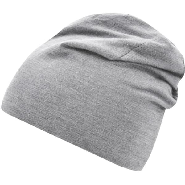 A grey jersey beanie with a relaxed, slouchy fit, featuring a logo on the side.